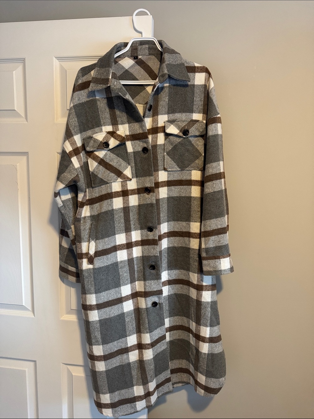 Plaid Longline Shacket Jacket - Gray, White & Brown L